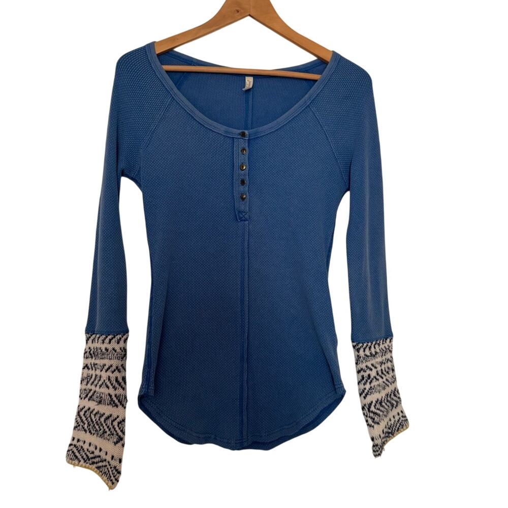 Blue Long-Sleeve Henley Top with Patterned Cuffs